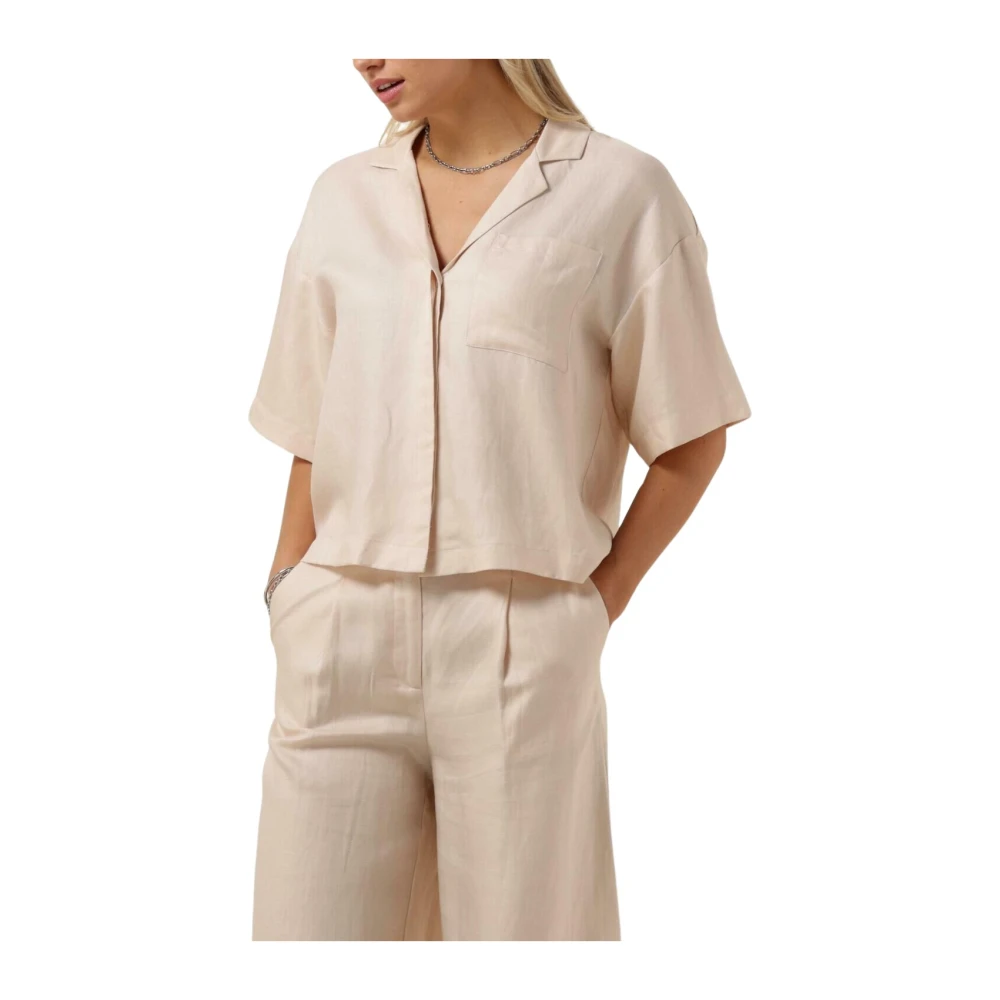Selected Femme Boxy Revers Linnen Blouse Beige Dames