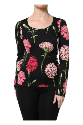 Svart Blommig Långärmad Blus Topp