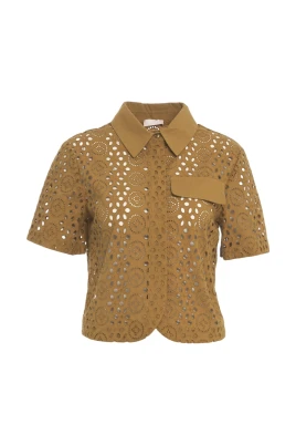 Brun Croppad Skjorta med Broderi
