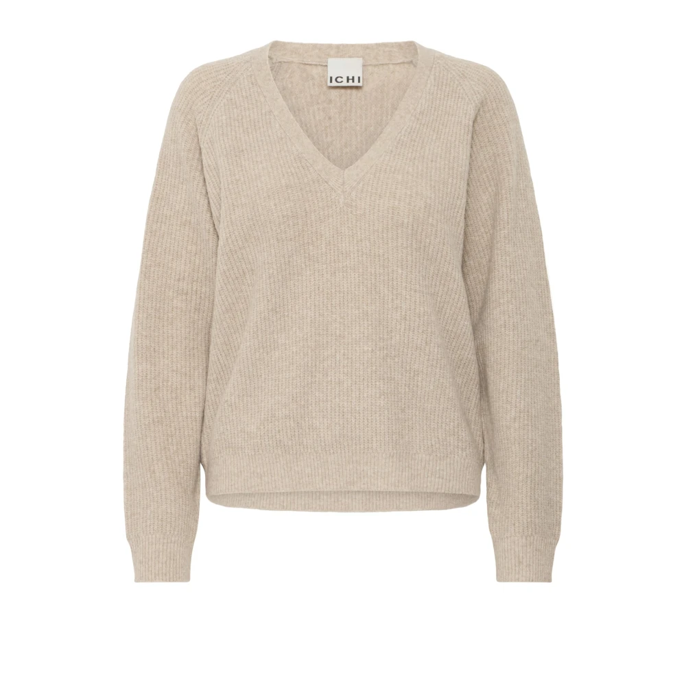Ichi Beige Cozy Oatmeal Melange Knit Jumper - Female - V-Neck Knitwear - L - Knitwear