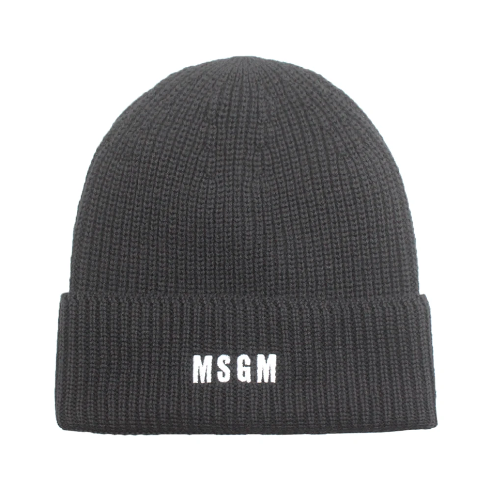 Msgm Zwarte Geribbelde Beanie met Geborduurd Logo Black Heren