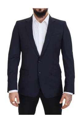 Mörkblå Ull Enradig Blazer