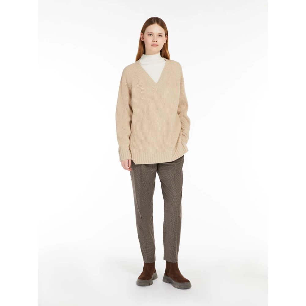 Max Mara Weekend V-Hals Gebreide Trui in Wol Kasjmier Mix Beige Dames