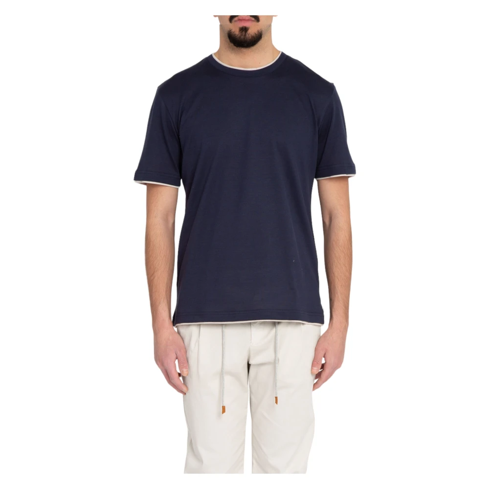 Eleventy Giza Cotton Piping Tee in BLU Blue Heren