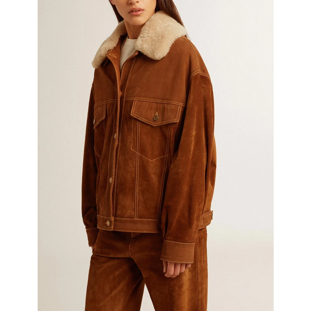 Golden Goose Shearling Kraag Leren Jas Brown Dames