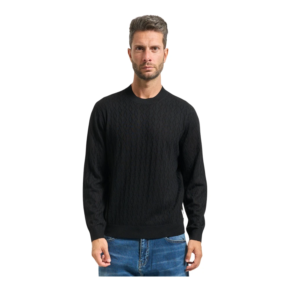 Armani Exchange Herr Svart Stickade Tröjor 2XL, Vågmönster Crew Neck Sweater