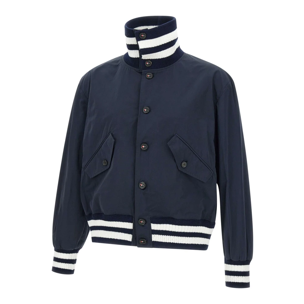 Thom Browne Flight Jacket Navy Blue Satin Nylon Blue Heren