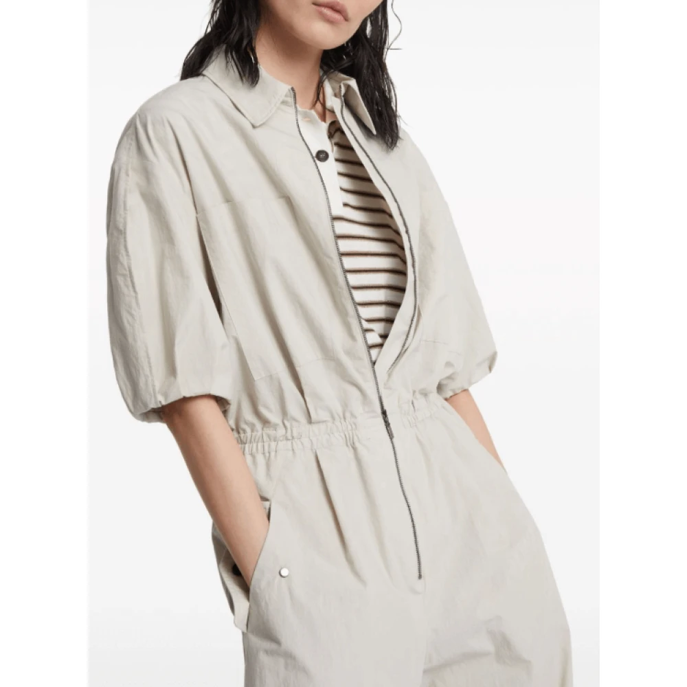 BRUNELLO CUCINELLI Off-White Katoenen Jumpsuit met Pofmouwen Gray Dames