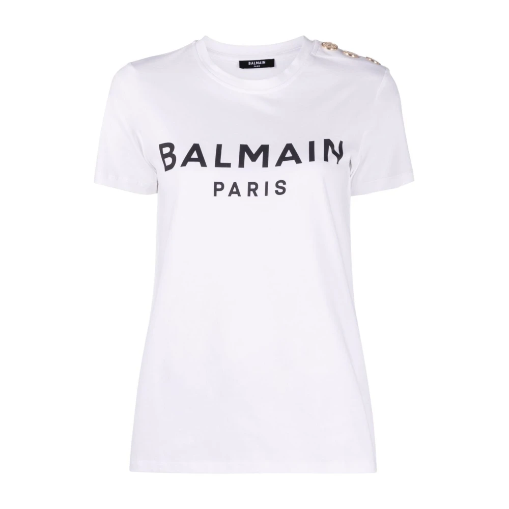 Balmain Logo-Print Button-Embellished T-Shirt Black, Dam