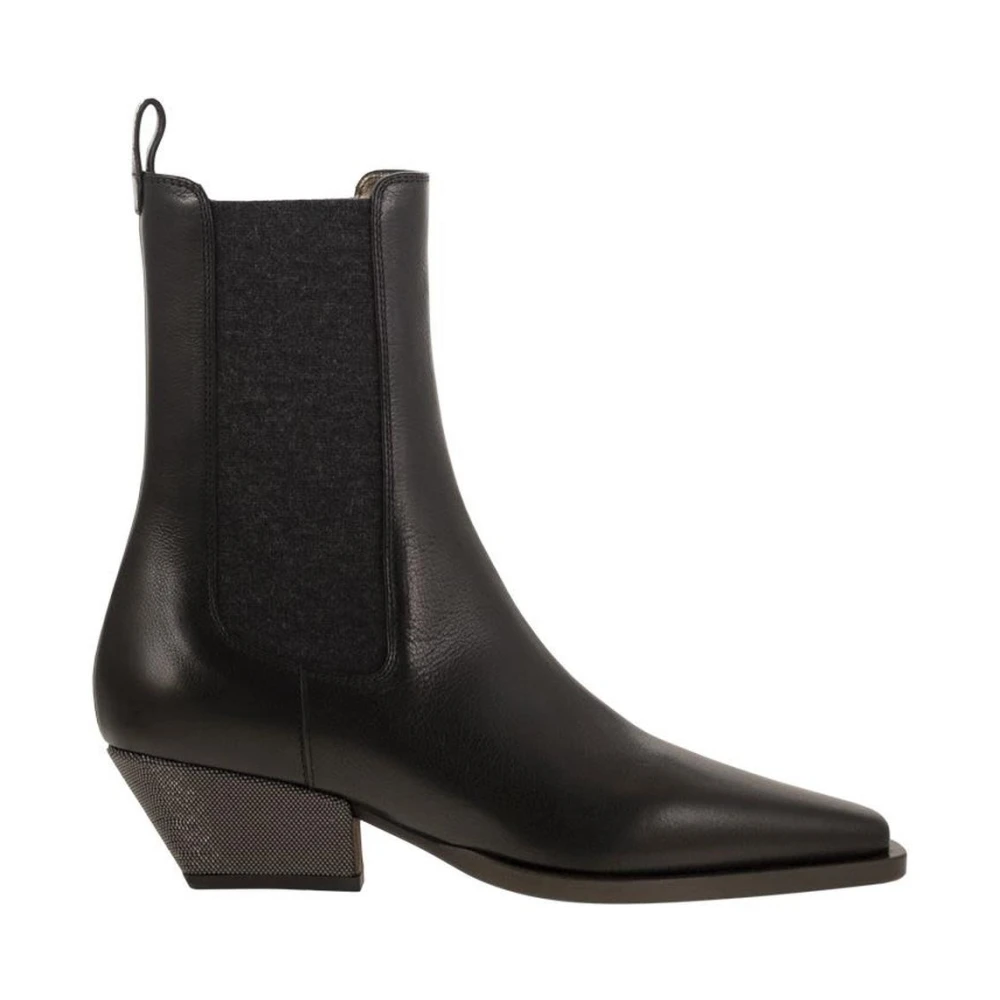 Brunello Cucinelli Women's Black Cowboy & Biker Boots, 6 Uk, Chelsea Boots With Monili