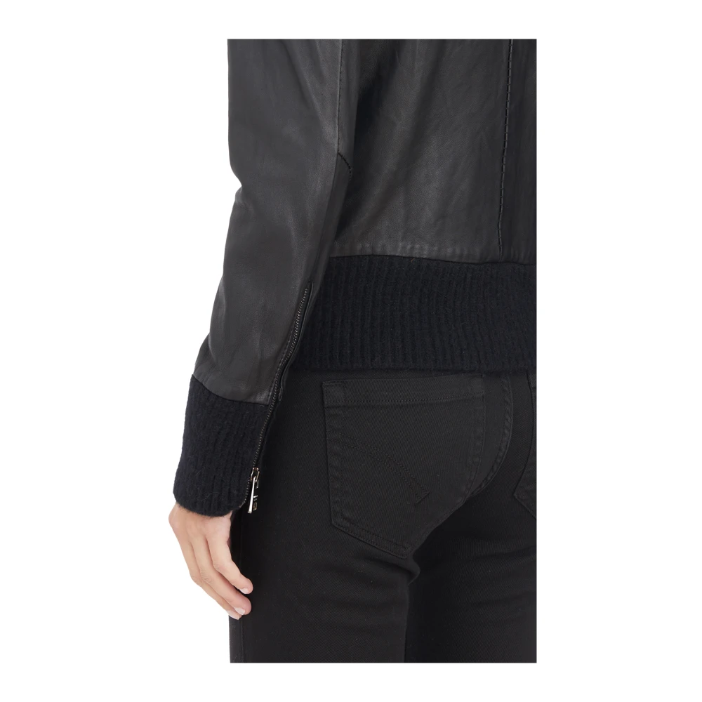 Giorgio Brato Hoge hals leren bomberjack Black Dames