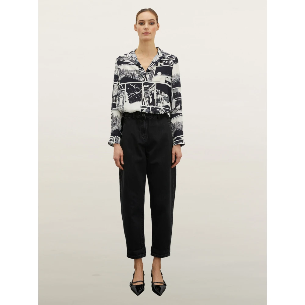 Motivi Baggy Jeans met Hoge Gekreukte Taille Black Dames