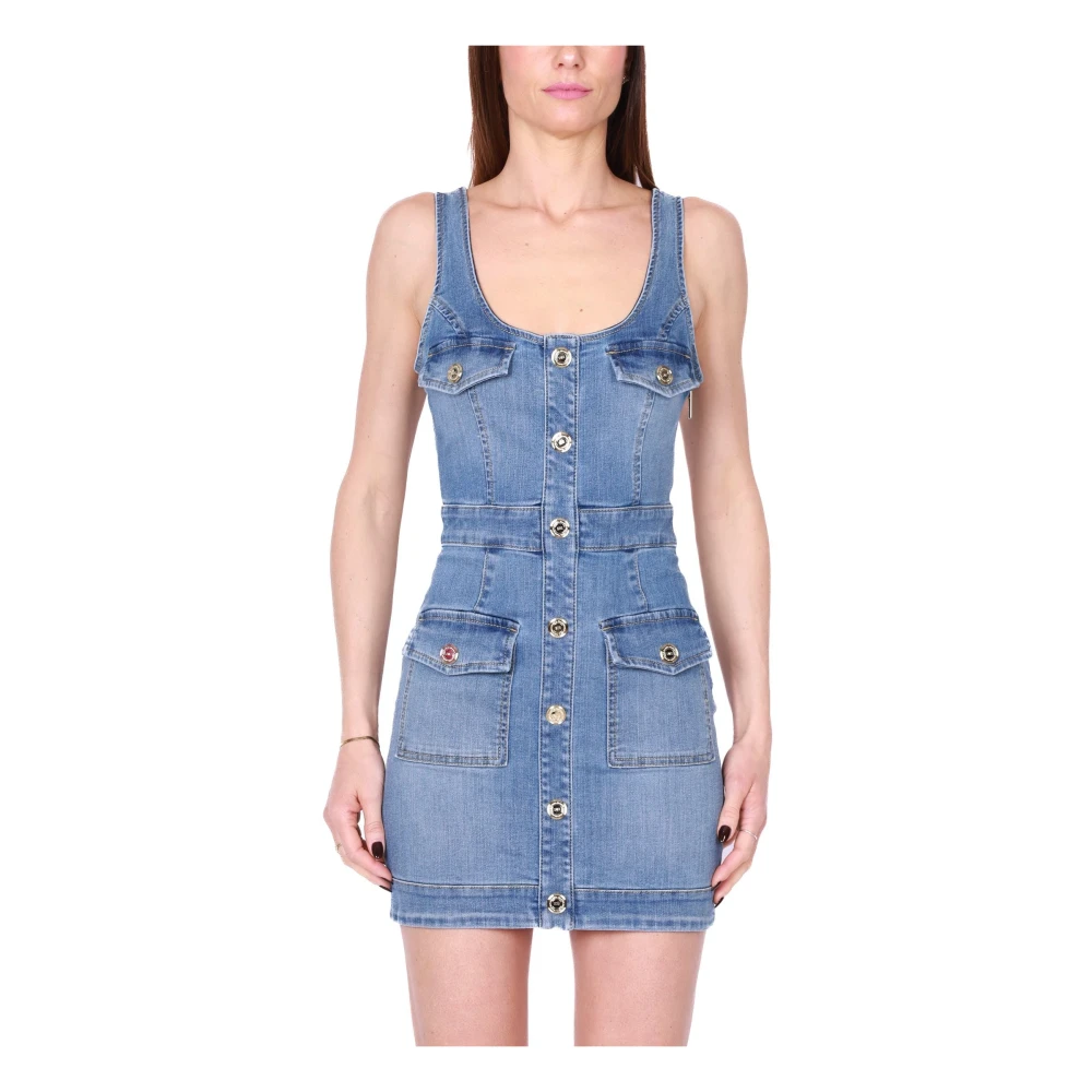 Elisabetta Franchi Blauwe Stretch Denim Mouwloze Mini Jurk Blue Dames