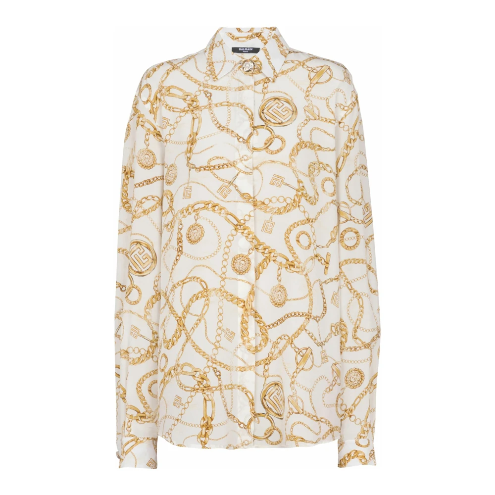 Balmain Women's Yellow Printed Silk Shirt With Chains Pattern - Shirts - M - Blouses & Shirts