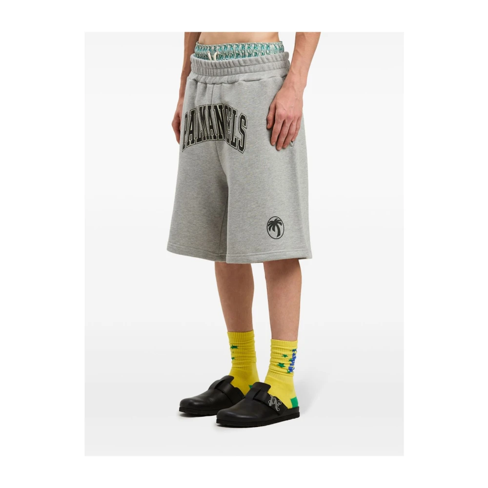 Palm Angels Logo Print Grijze Trekkoord Shorts Gray Heren