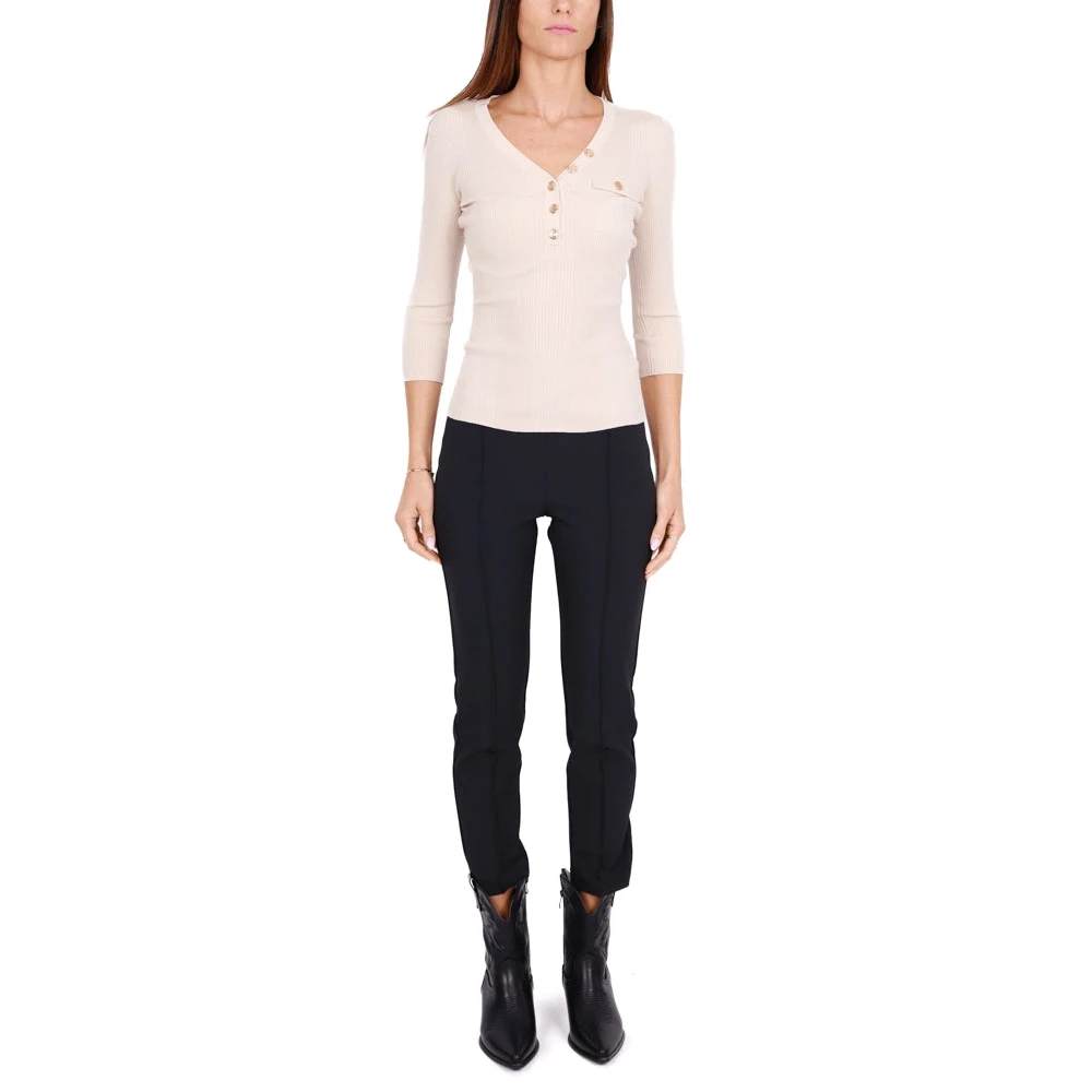 Elisabetta Franchi Beige Zijden V-Hals Geribbelde Jersey Top Beige Dames