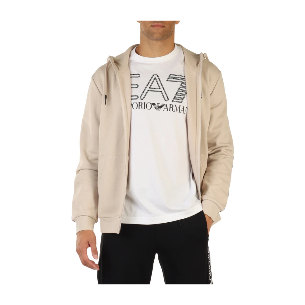 Emporio Armani EA7 Katoenen hoodie met logo patch Beige Heren