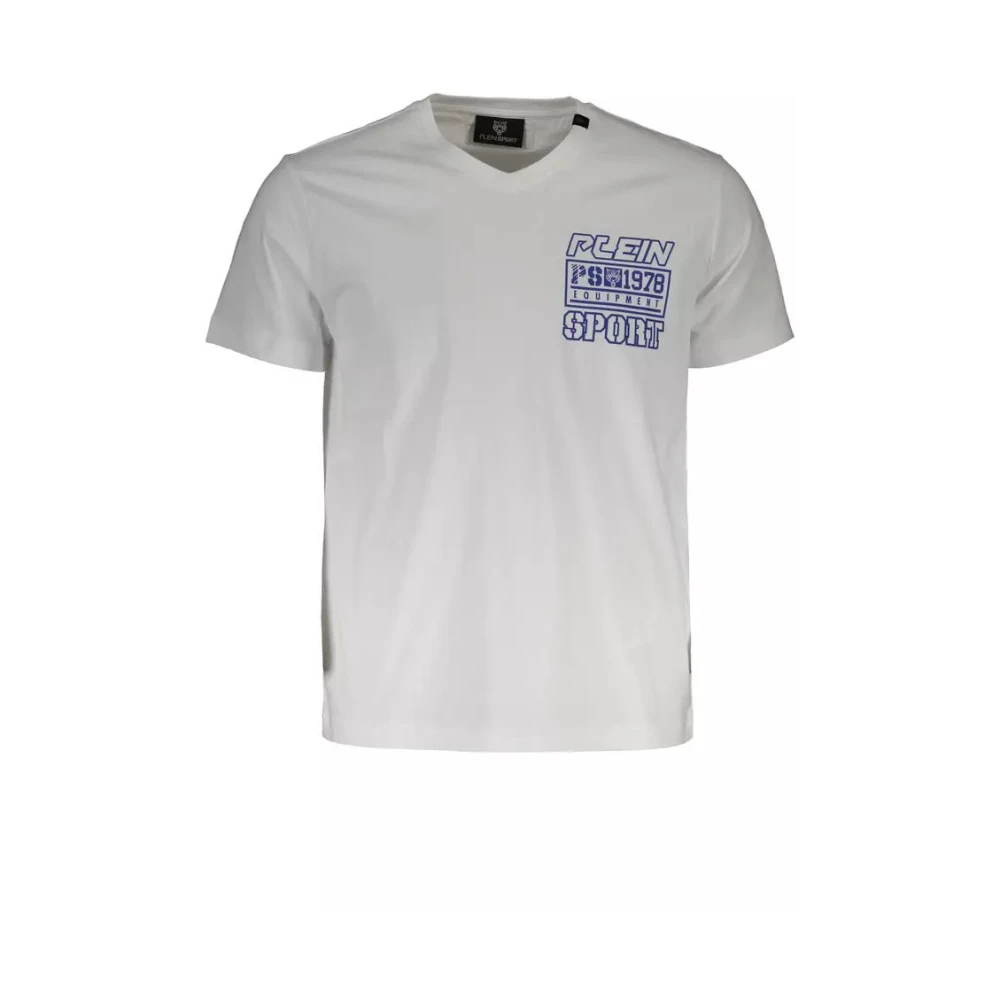 Plein Sport Vitt Logo V-ringad T-shirt med Tryckdetalj White, Herr