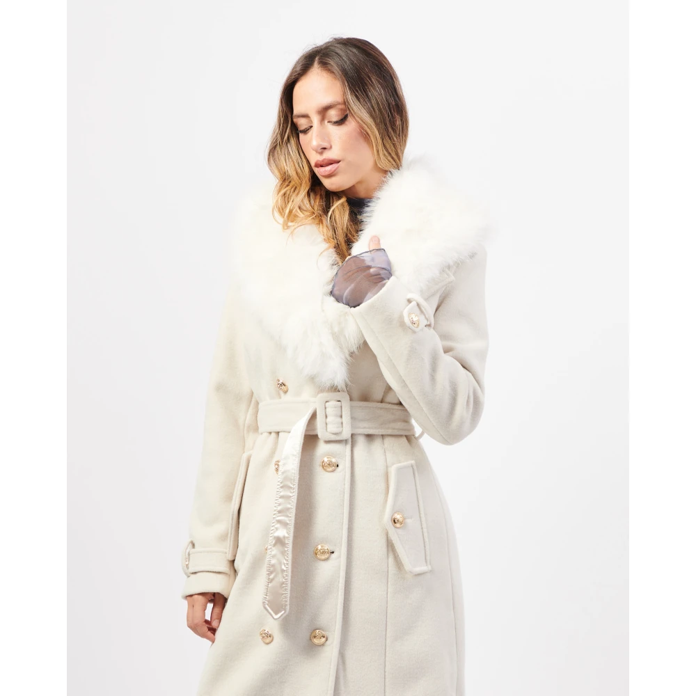 Fracomina Lange Reguliere Double-Breasted Jas met Riem Beige Dames