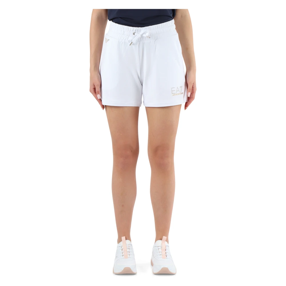 Emporio Armani EA7 Sportieve Viscose Shorts met Strass Logo White Dames