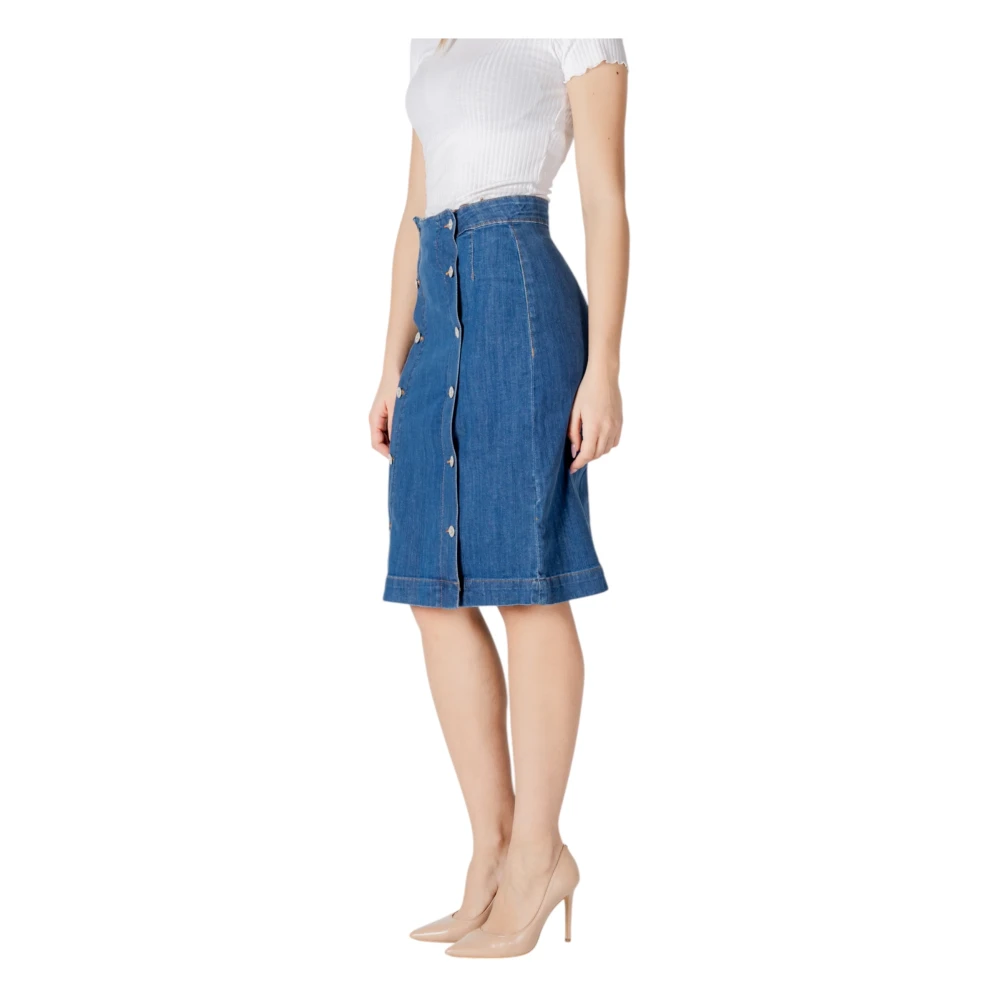 Ichi Blauwe Katoenmix Rok met Knopen Blue Dames