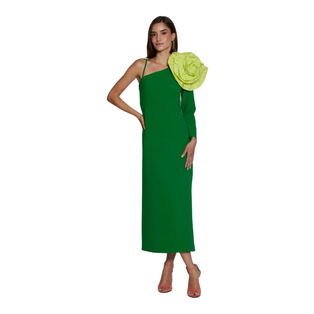 Moskada Asymmetrische Groene Crepe Midi Jurk met Bloemdetail Green Dames