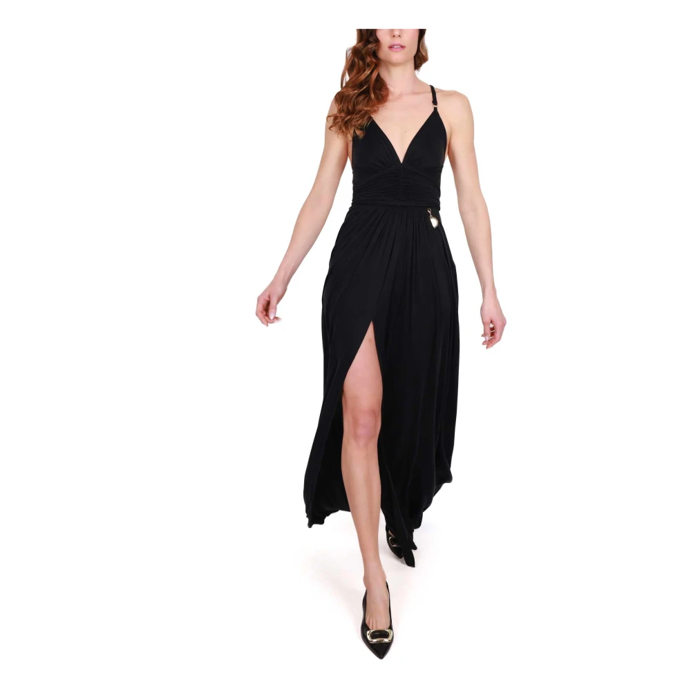 Elisabetta Franchi Zwarte Jersey Lange Jurk Dunne Bandjes Black Dames