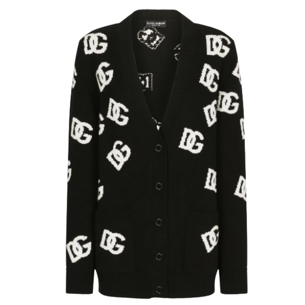 Dolce & Gabbana Monogram Logo V-ringad Kofta Svart Black, Dam