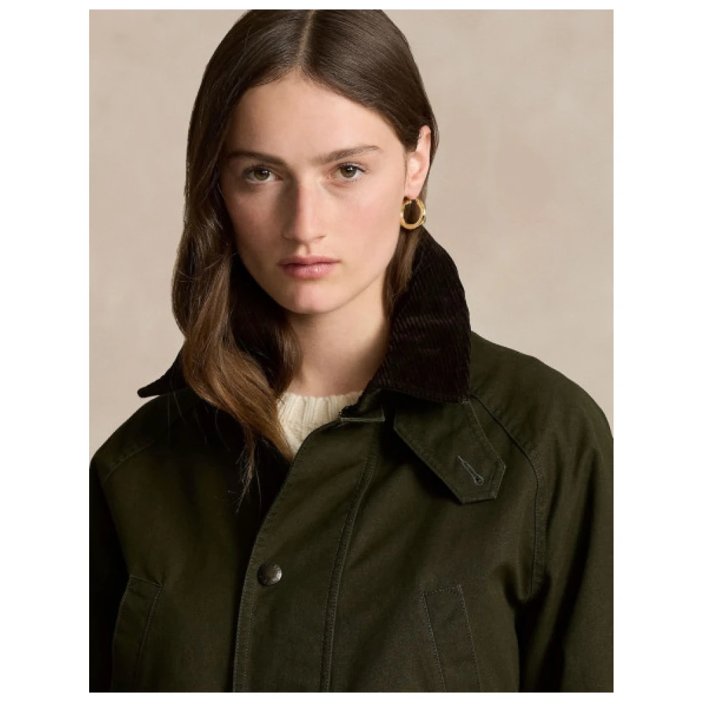 Polo Ralph Lauren Lange Katoenen Jas met Fluweel Details Green Dames