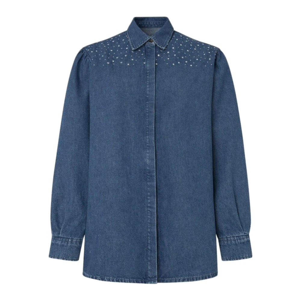 Pepe Jeans Sparkle Denim Boyfriend Shirt met Strass Details Blue Dames