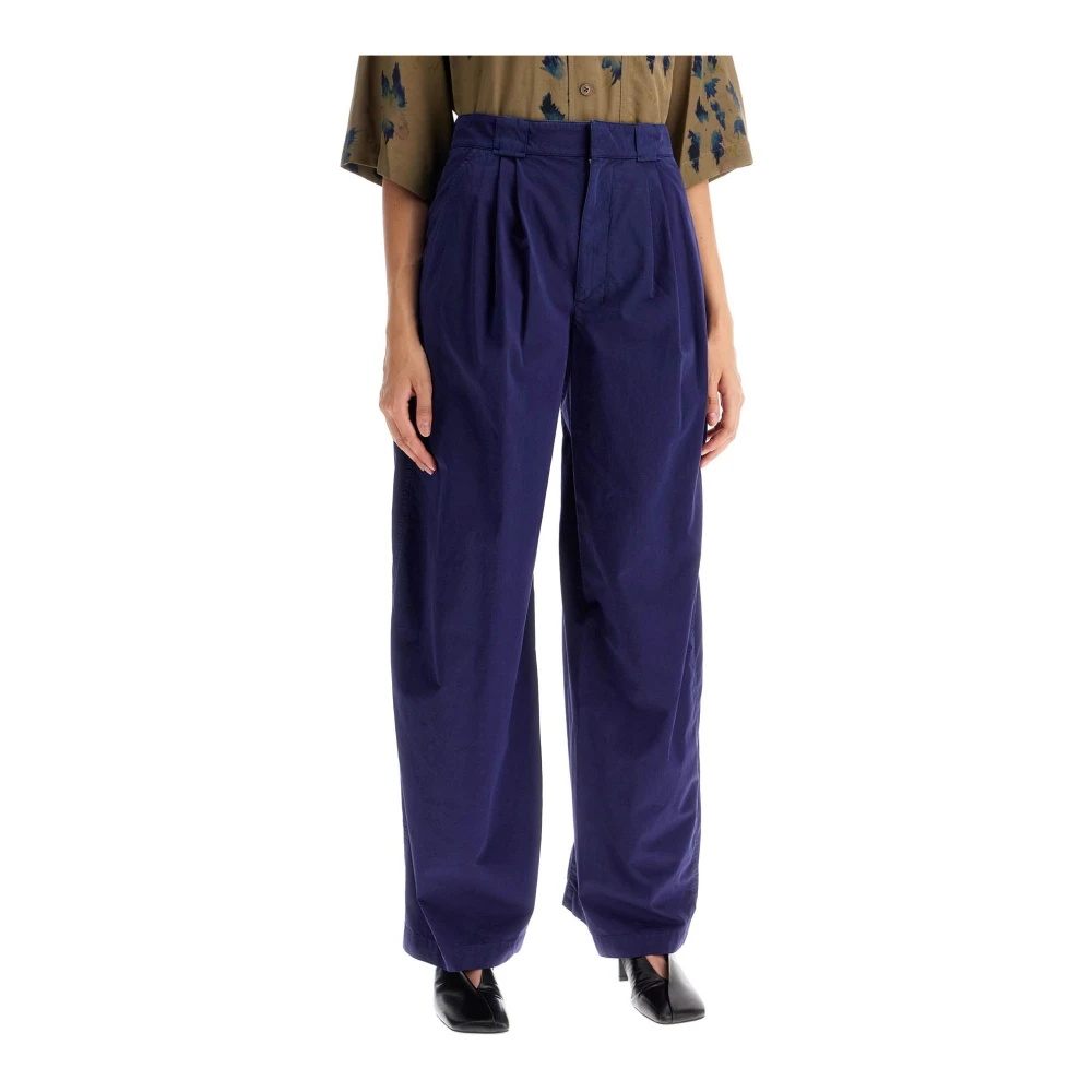 Lemaire Gedrapeerde Wijde Katoenen Broek Blue Dames