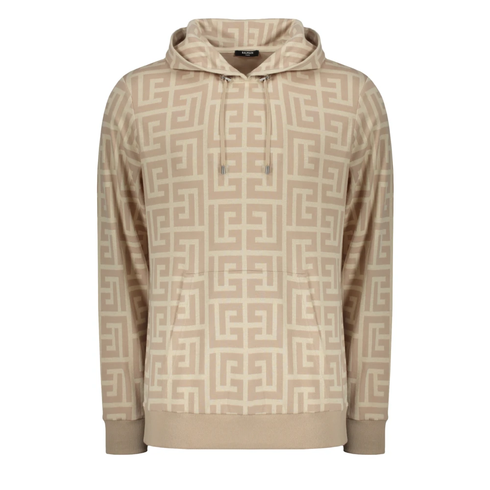 Balmain Gebreide katoenen hoodie met kangoeroezak Beige Heren
