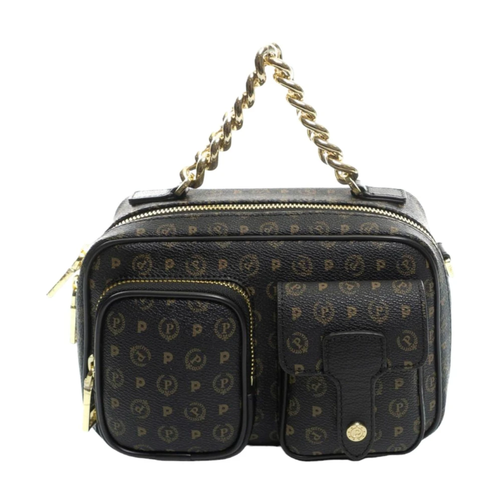 Pollini Leren Schoudertas met Kettinghandvat en Printdetails Black Dames