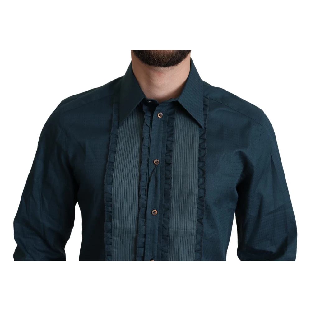 Dolce & Gabbana Blauw Ruches Smoking Shirt Gold Model Blue Heren