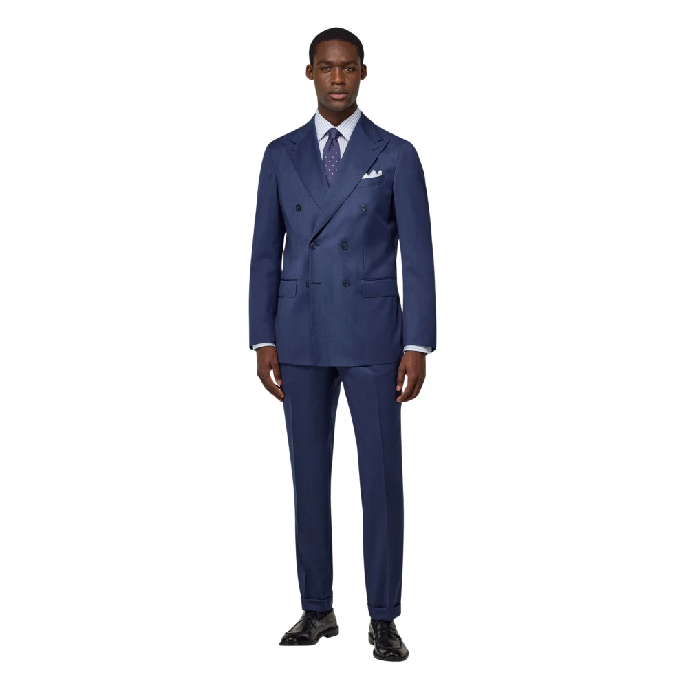 Boggi Milano Micro Patroon Dubbel-Borst Pak van Zuivere Wol Blue Heren