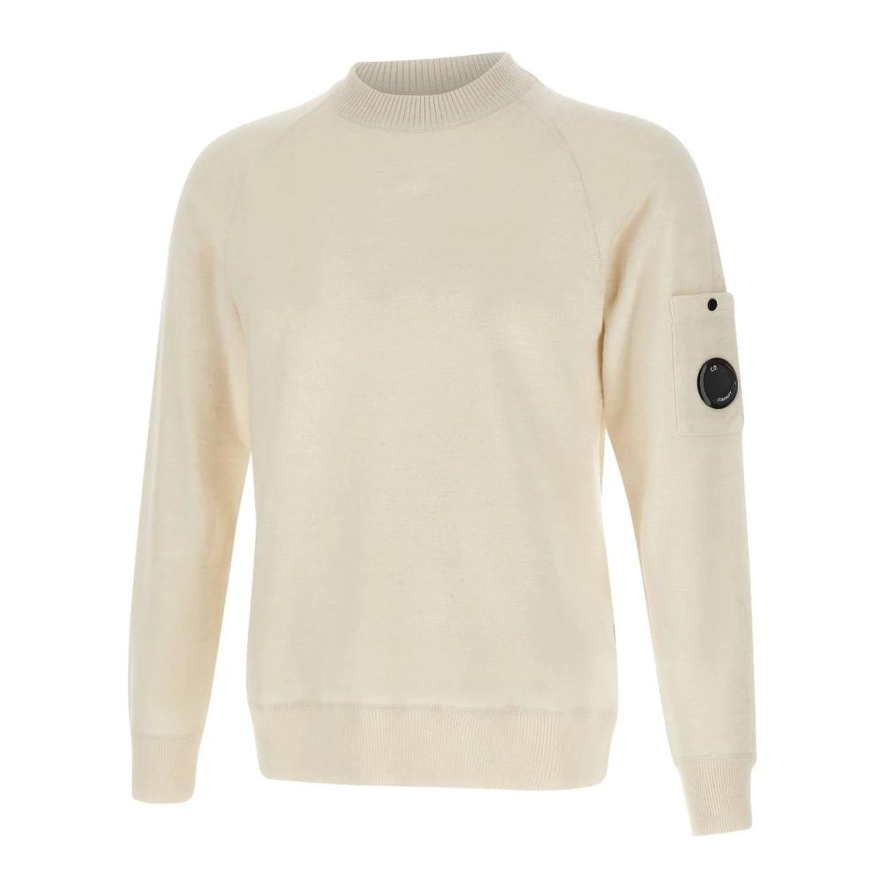 C.p. Company Men's White Merino Wool Felted Crewneck Lens Jumper - Round-Neck Knitwear - M - Knitwear