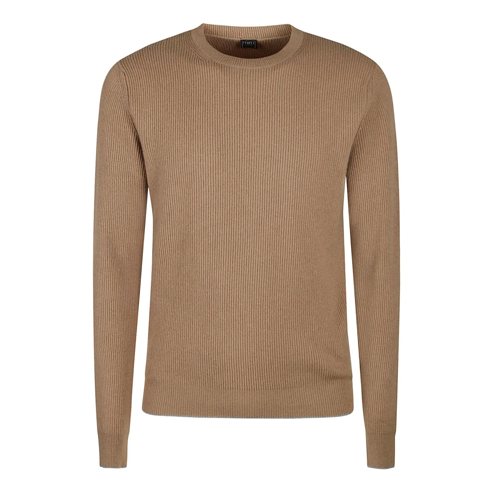 Fedeli Men's Brown Cashmere Ribbed Edges Jumper - Cashmere Knitwear - 2XL - Knitwear