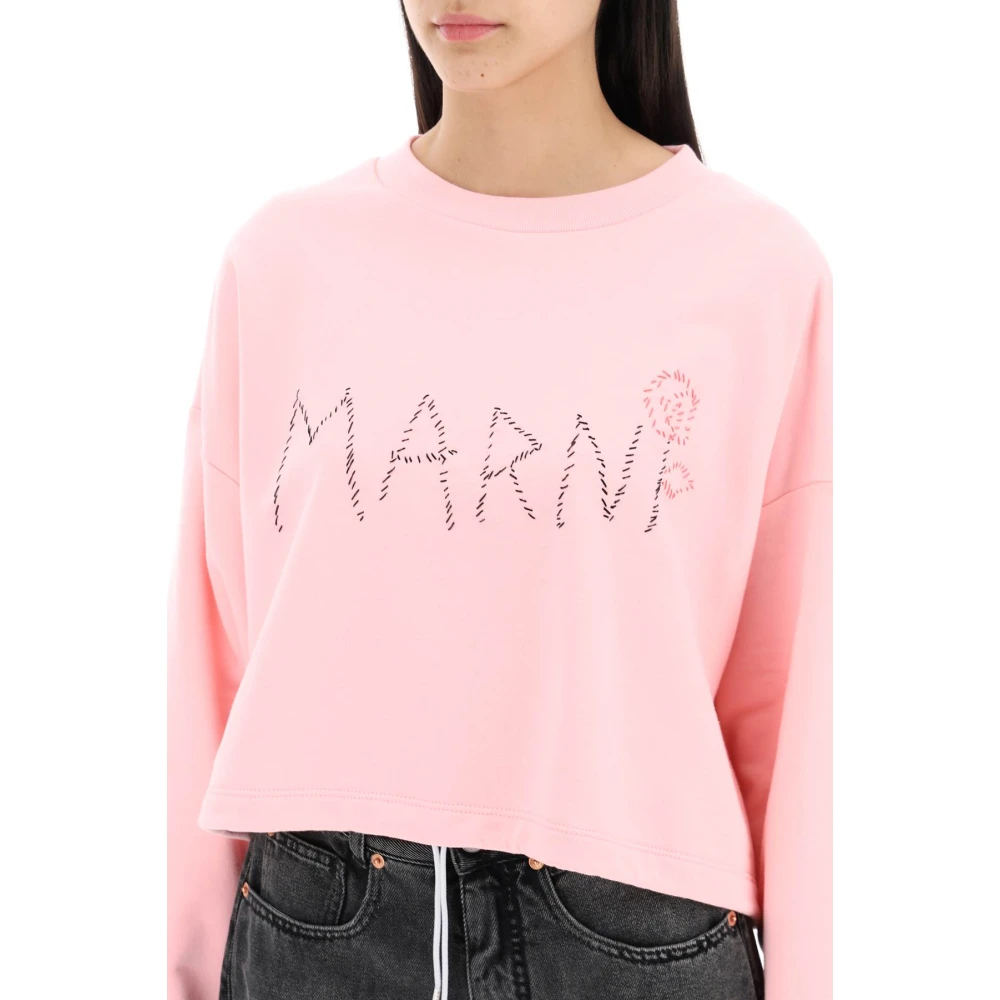 Marni Boxy Logo Sweatshirt met Bloemenborduursel Pink Dames