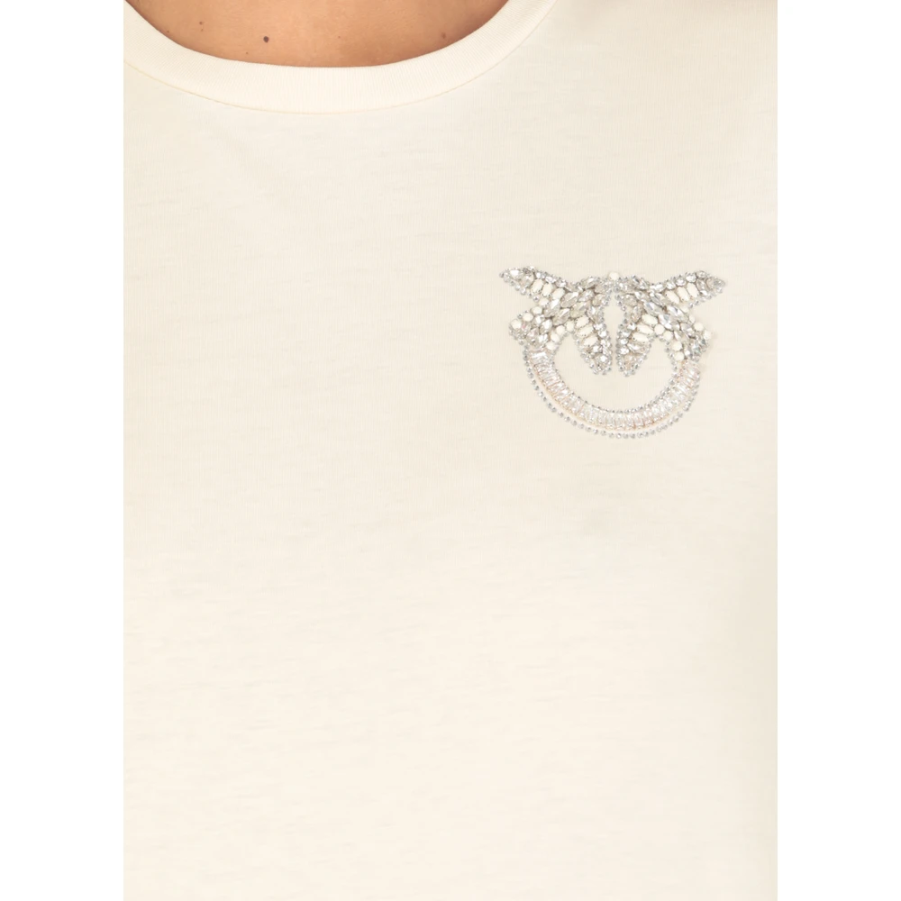 pinko Ivoor Katoenen T-shirt met Strass Logo Beige Dames