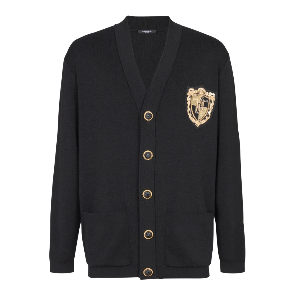 Balmain Gebreid vest met geborduurd embleem Black Heren