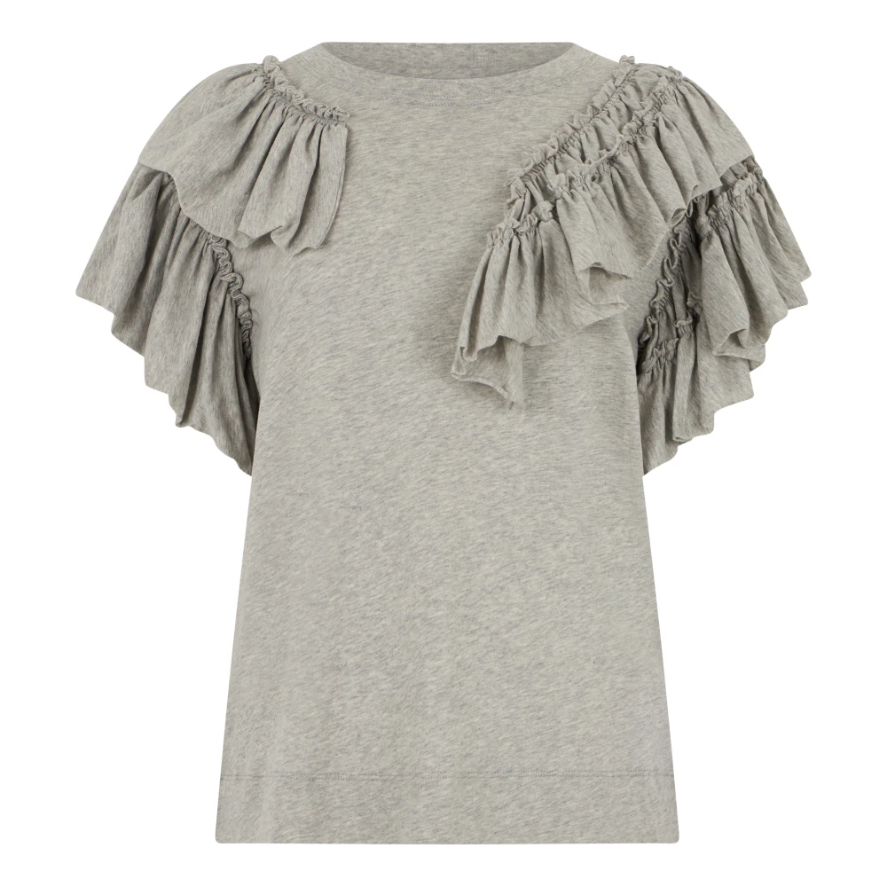 Dries Van Noten Women's Gray Blouses, S, Cotton T-Shirt With Ruffles