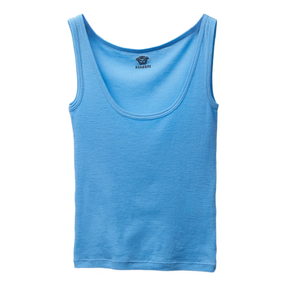 Versace Women's Blue Sleeveless Tops, S, Ribbed Wool Tank Top