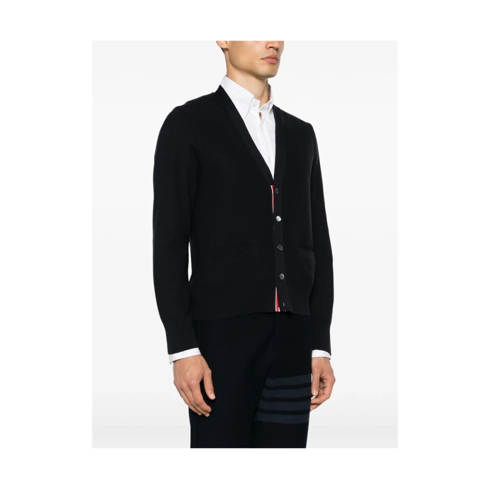 Thom Browne Navy Blauw Zijden V-Hals Trui Blue Heren