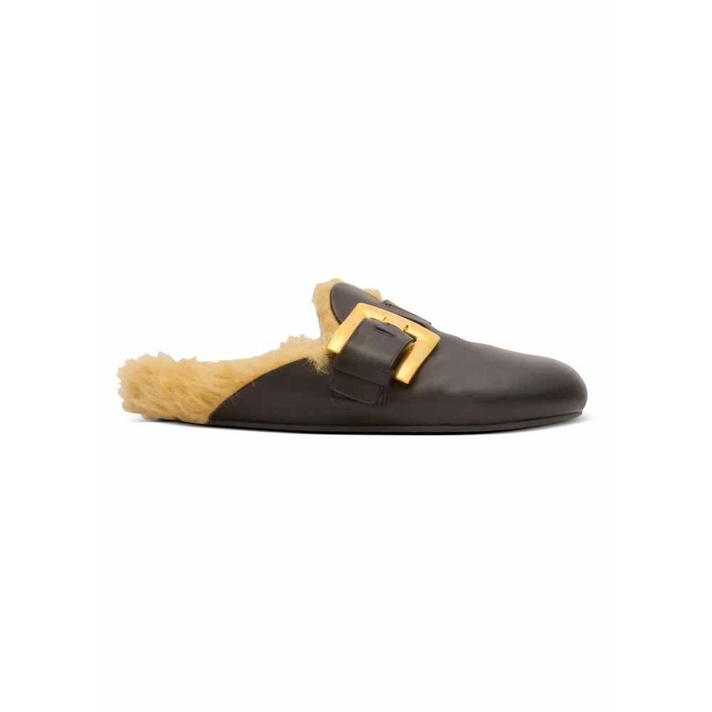 Balmain Black Flat Leather And Faux Fur Mules - Female - Mules - 2 Uk - Shoes