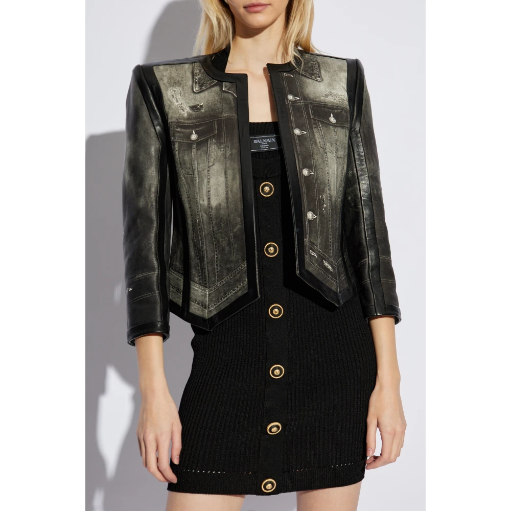 Balmain Leren jas met print Gray Dames
