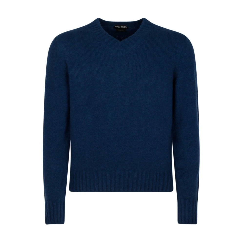 Tom Ford Navy Blauwe V-hals Kasjmier Trui Blue Heren