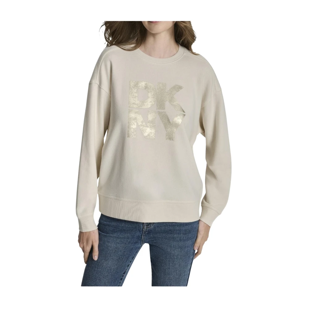 Dkny Vrouw Beige Hoodies & Sweatvesten Dames, L, Katoen, Distressed Sweatshirt