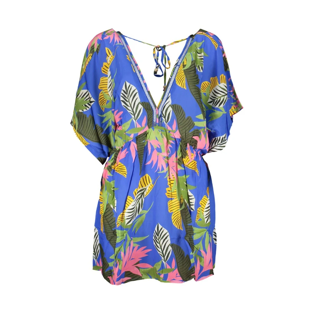 Desigual Blauwe Viscose Jurk Korte Mouw V-Hals Multicolor Dames