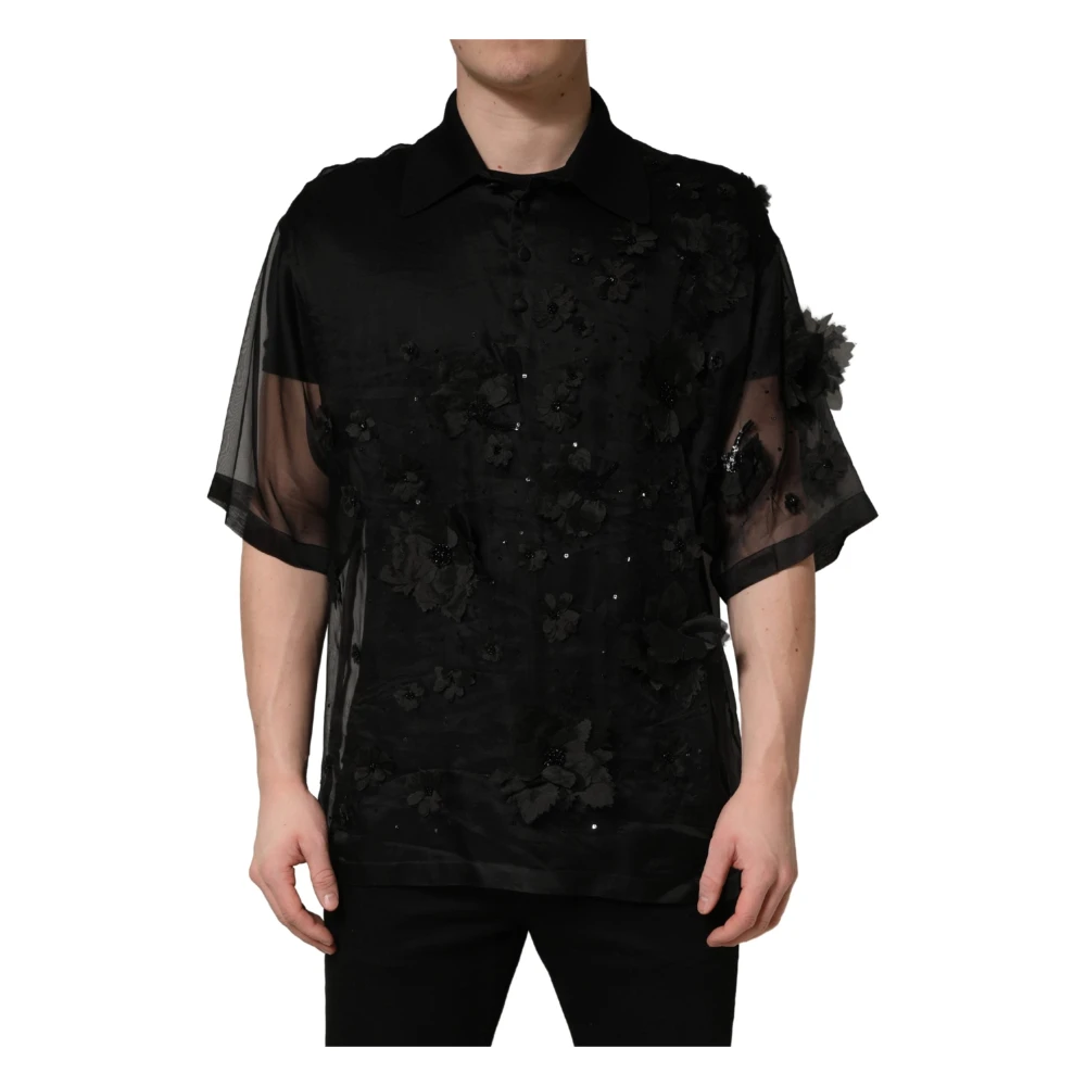 Dolce & Gabbana , Casual Shirts, Female, Black, Xl, Floral Applique Sheer Short Sleeve Shirt