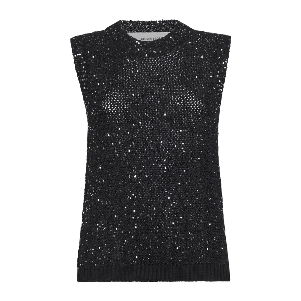 Golden Goose Women's Black Round-Neck Knitwear, L, Mesh Knit Top With Sequins And Contrasting Details